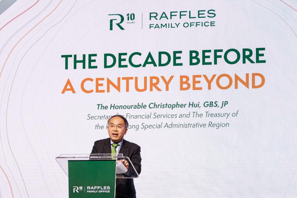 Welcome remarks by Chi Man Kwan, Group Chief Executive Officer, Raffles Family Office and keynote address by Christopher Hui, GBS, JP, Secretary for Financial Services and the Treasury of the HKSAR during Raffles Family Office Annual Forum 2025 at Four Seasons Hong Kong, Central, Hong Kong, on 8 October 2025, Hong Kong SAR, China. Photo by : Sunny Hung / Ike Images